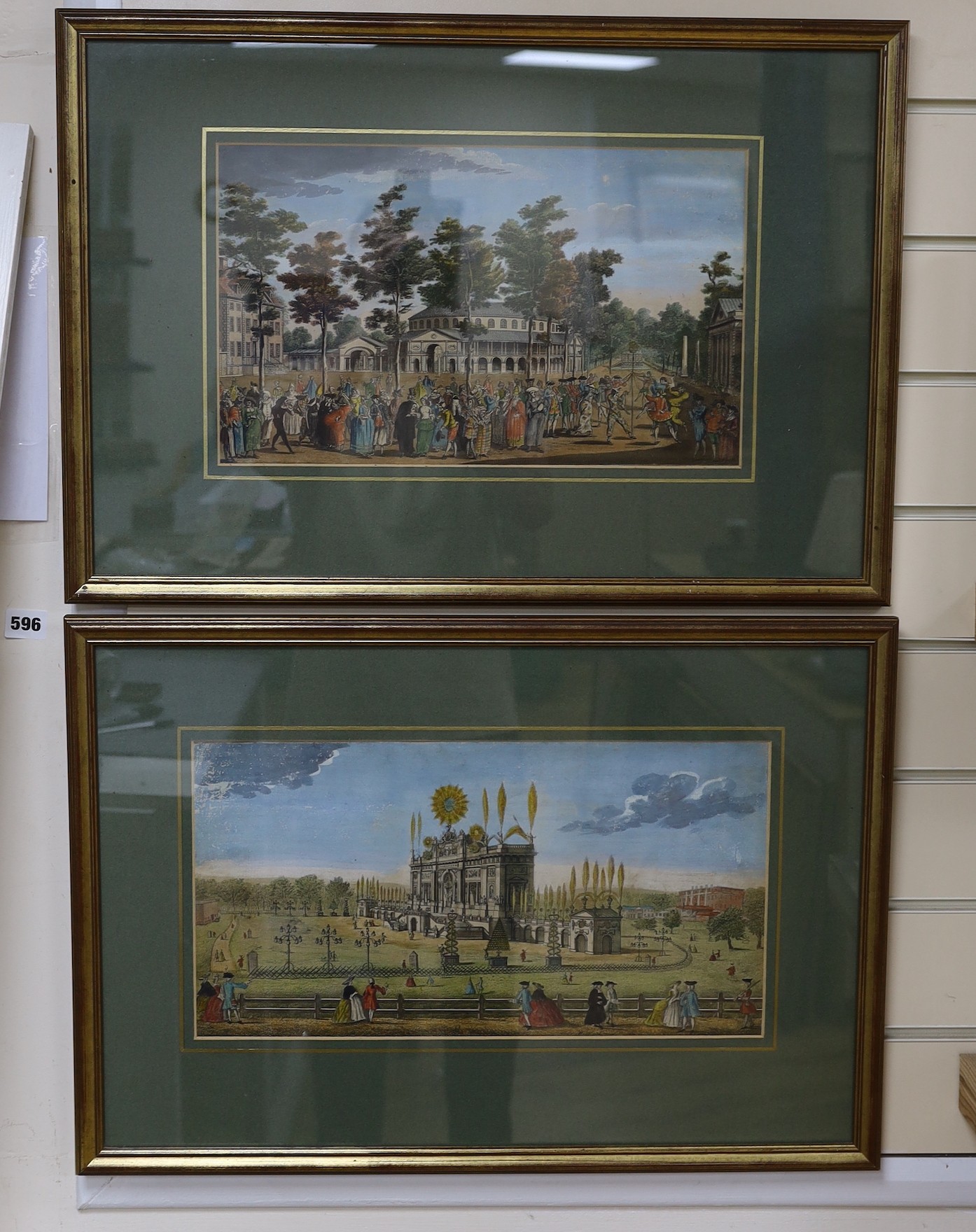 18th century English School, two coloured engravings, 'Premiere of Handels' Royal Fireworks' and 'Ranelagh Gardens', 23 x 38cm